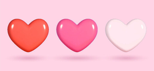 Collection of 3D shiny realistic heart balloons in red, pink, and white. Vector illustration for cards, parties, designs, flyers, posters, decorations, banners, web and advertising.