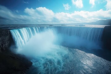 Waterfall Mist A massive waterfall captured in slow motion, with mist rising from the powerful water flow and droplets shimmering in the sunlight