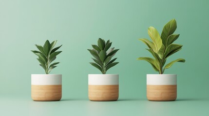 Three stylish potted plants with varying shades of green, set against a soft green background, creating a fresh and modern aesthetic.