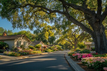 Obraz premium A tranquil suburban street showcasing beautiful homes adorned with flower gardens, with large oak trees lining the road providing shade and character.