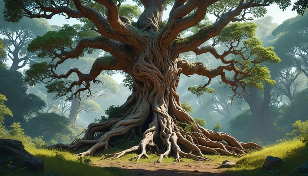 An ancient tree guardian stands sentinel in a lush glade, its gnarled roots entwined with the earth, protecting the magical secrets of the forest, Generative AI