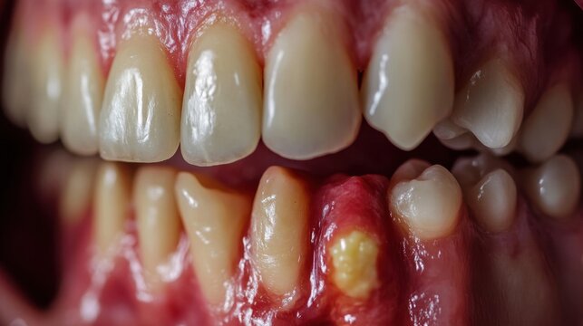 Close-up of an oral cavity showing signs of advanced pyorrhea with red inflamed gums and noticeable pus-filled pockets around teeth