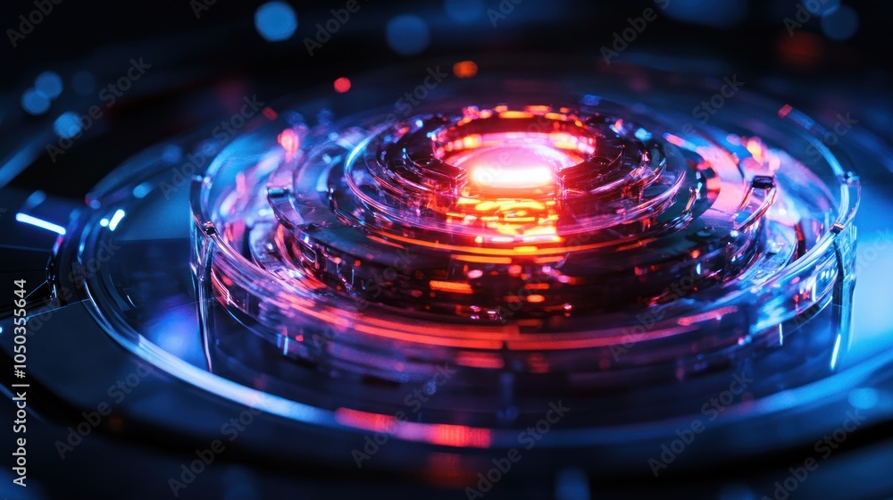 Poster a close-up of a futuristic, glowing circular design with vibrant colors and intricate patterns.