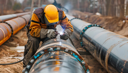 Welder performing welding work on pipeline against blurred background of factory