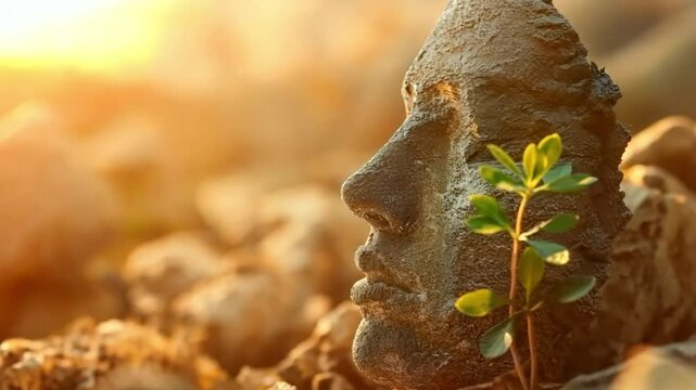Ancient stone face with plant sprout, symbolizing rebirth and nature&rsquo;s resilience. Old stone face weathered by time with green sprout symbolizing new beginnings.