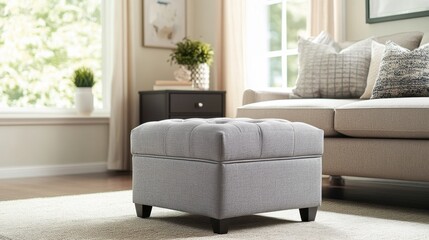 Obraz premium Contemporary gray storage ottoman in a bright living room, offering practical storage with a chic and modern design aesthetic