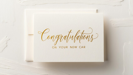 New car congratulations card featuring a contemporary, flat design in a calming pastel color palette, adorned with a delicate, cursive golden message congratulations on your new car