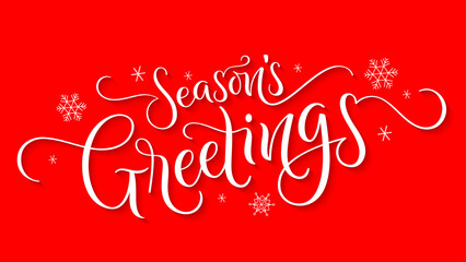 SEASON'S GREETINGS white vector brush calligraphy banner with snowflakes on red background © HowLettery Studio