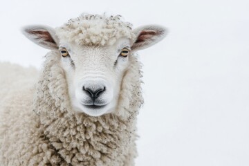Close-up Portrait of a Sheep with a Fluffy White Coat