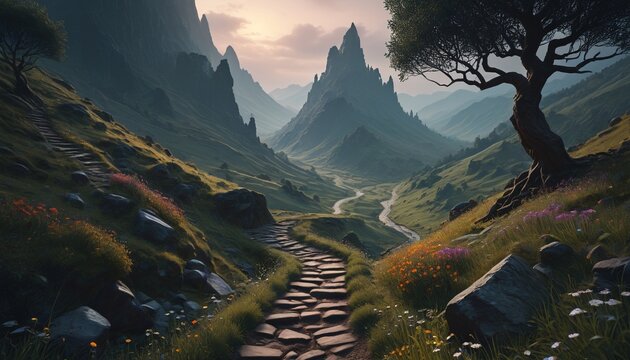 A dark and winding path leads through a mystical valley, where every step echoes with ancient magic and hidden stories waiting to be unveiled, Generative AI
