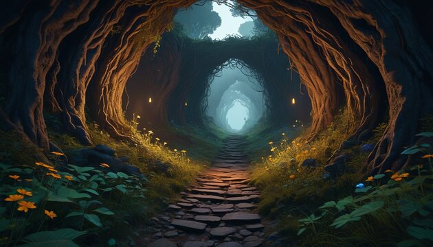 A secretive pathway leads to a forgotten realm, where the air is thick with enchantment and whispers of the past linger in the darkness, Generative AI