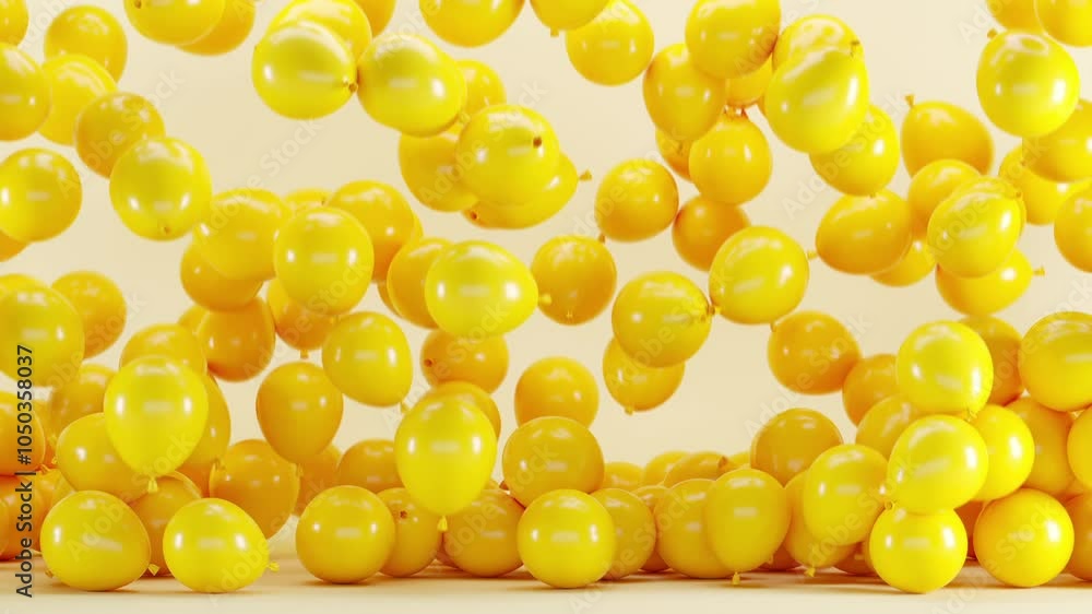 Poster yellow color of balloons group up falling on white background studio for copy space. 3d animation. m