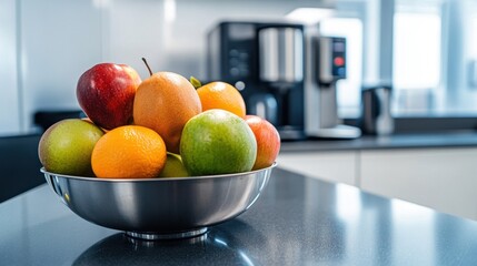 Fresh fruit basket arranged on a countertop, complementing a modern coffee machine, in a sleek office kitchen setting
