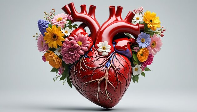 A human heart intertwined with blooming flowers, expressing the deep emotions of love, compassion, and the desire to help others in their times of need, Generative AI