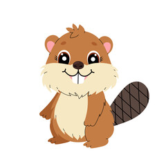Beaver. Wild shorthaired animal. Flat kids illustration of animal on white background.