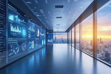 High-tech office with digital displays and data visualization wall, overlooking city skyline