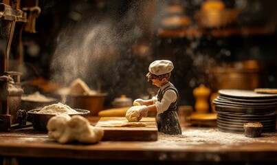 Baker kneads dough in a floury kitchen.
