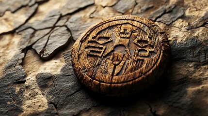 A carved wooden token with ancient symbols on a cracked, earthy background
