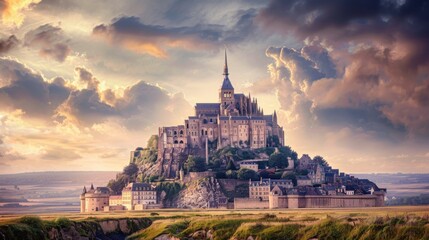 A historic castle perched on a rocky outcrop with expansive views of the surrounding countryside and a dramatic sky, grand setting with medieval elegance, Castle View style