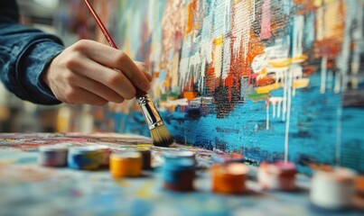 Obraz premium Painting a colorful abstract canvas with a brush.