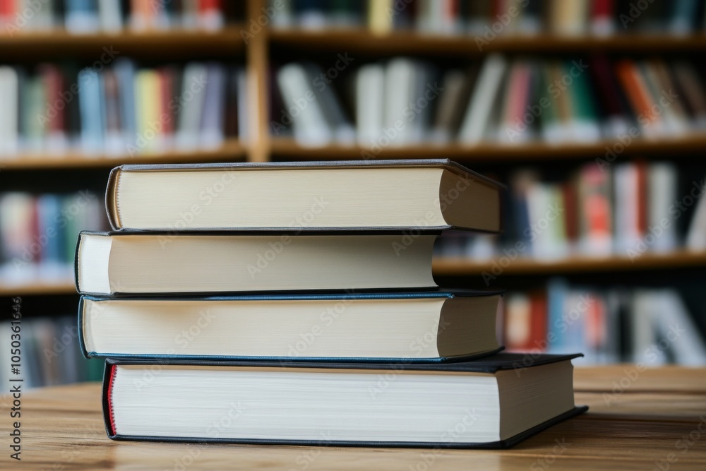 Poster stack of books in a library setting