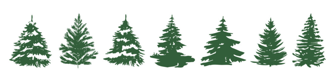 Fototapeta premium Vector silhouettes of trees, firs, pines, bushes, various types of trees and shrubs in black vector, Various shapes of fir tree, christmas tree silhouette. 