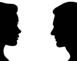 Vector profile silhouettes of a man and a woman looking into each other's eyes. Face of a man and a woman, side view. Man and woman opposite each other