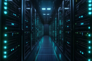 Obraz premium Server room corridor with illuminated data storage units
