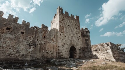 A historic castle with stone walls, outdoor setting with ancient architecture, Majestic style