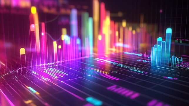 Marketing analytics in 3D with vibrant noise and futuristic data display