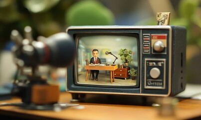 Fototapeta premium Miniature TV showing man working at desk.