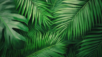 Lush green leaves overlap intricately, showcasing a vibrant tropical foliage pattern that evokes a sense of nature and tranquility.