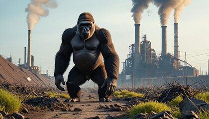 Gorilla trapped in a polluted landscape dominated by an industrial factory, illustrating the urgent need for sustainable practices to protect wildlife and ecosystems, Generative AI