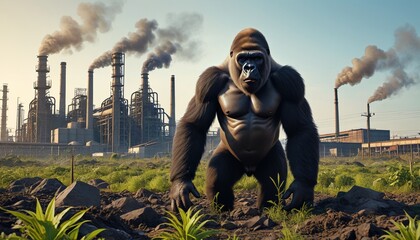 Gorilla trapped in a polluted landscape dominated by an industrial factory, illustrating the urgent need for sustainable practices to protect wildlife and ecosystems, Generative AI