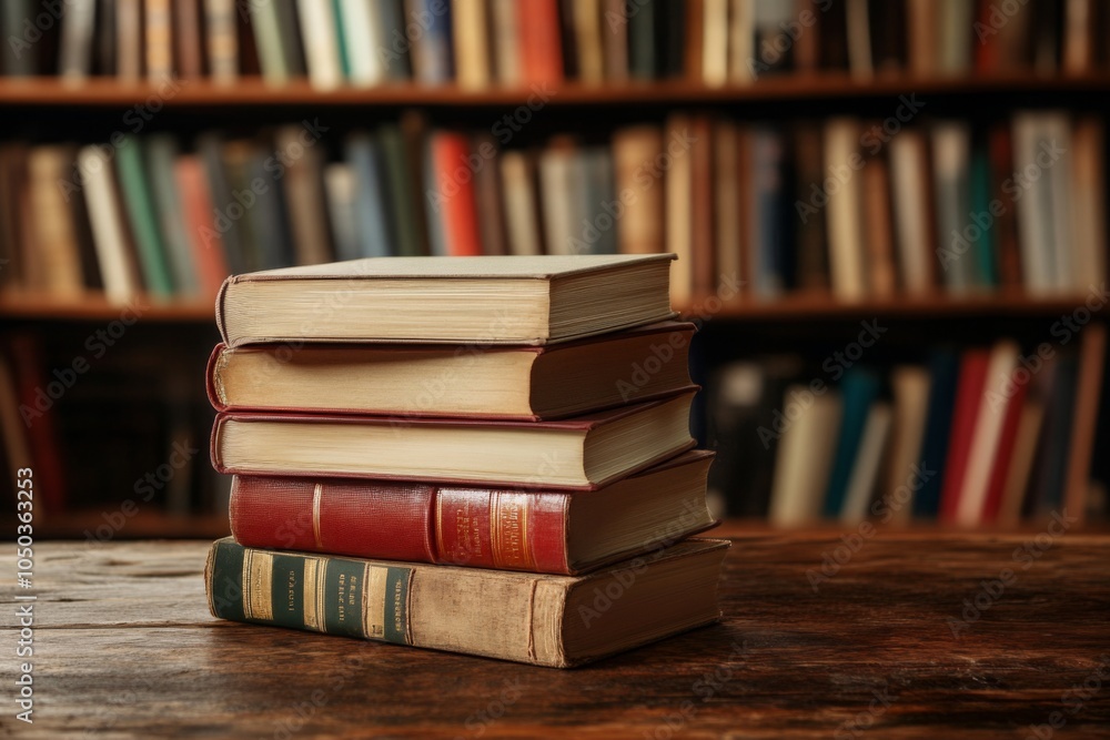 Poster stack of books in a library setting