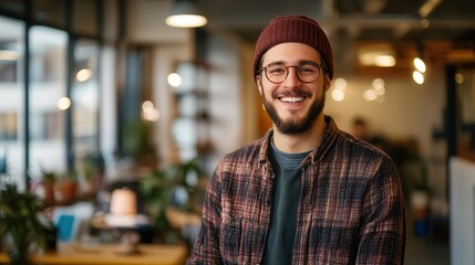 Obraz premium confident, stylish hipster man smiling in a trendy office space, reflecting professionalism and modernity, infused with a warm and inviting atmosphere