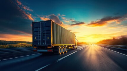 container truck navigating a highway at sunset, the sky awash in blues and oranges, embodying the logistics and transportation industry while highlighting the beauty of movement