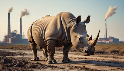 A rhino standing in a barren landscape next to a factory, highlighting the plight of endangered species in the face of industrialization and pollution, Generative AI