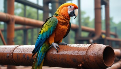 A parrot perched on a rusty industrial pipe, highlighting the resilience of wildlife amid environmental challenges and the importance of habitat preservation, Generative AI