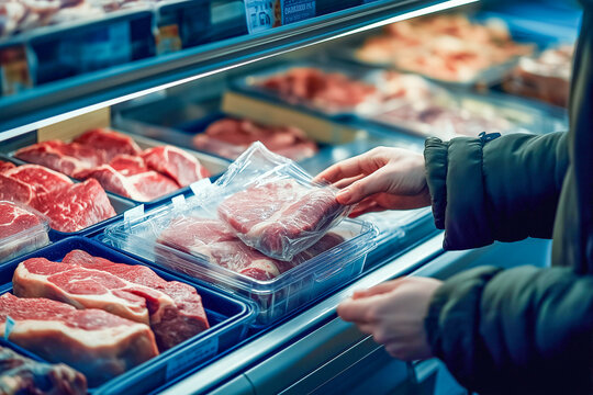 A shopper selecting packaged meat from a refrigerated display in a grocery store, showcasing a variety of fresh cuts.
