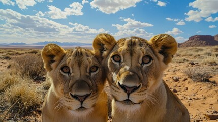 curious teenage lions peering into the camera lens, set against a vast desert landscape, with a wide-angle perspective capturing their playful expressions and sandy surroundings