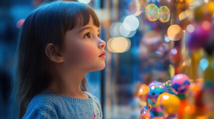 Naklejka premium curious young girl gazing at a display of colorful toys in a shop window, illuminated by warm evening lights, evoking a sense of wonder and childhood joy