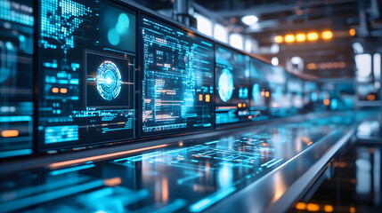 Naklejka premium Futuristic Control Room with Holographic Displays