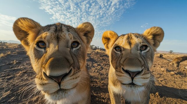 curious teenage lions peering into the camera lens, set against a vast desert landscape, with a wide-angle perspective capturing their playful expressions and sandy surroundings