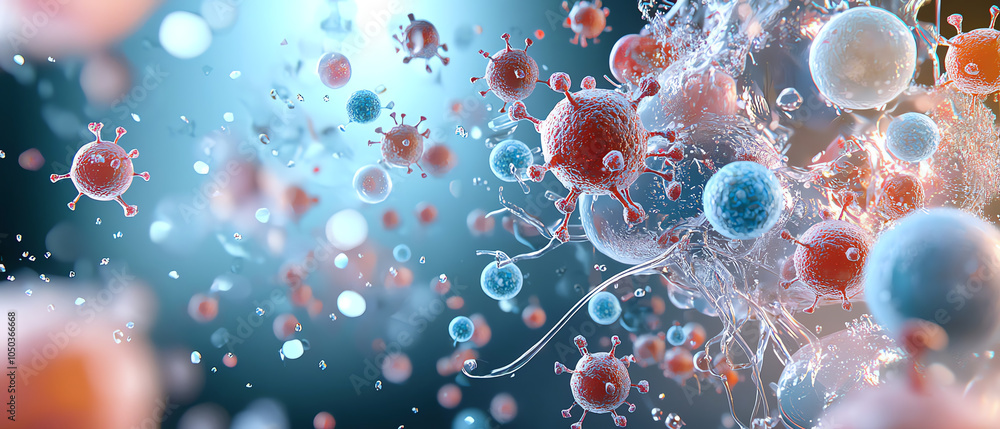 Poster intricate artistic rendering of bacteria interacting with human cells a visual exploration of microb