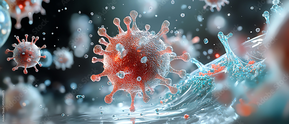 Poster intricate artistic rendering of bacteria interacting with human cells a visual exploration of microb