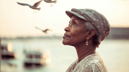 An older Black woman enjoys a serene moment at the riverside, watching boats and birds
