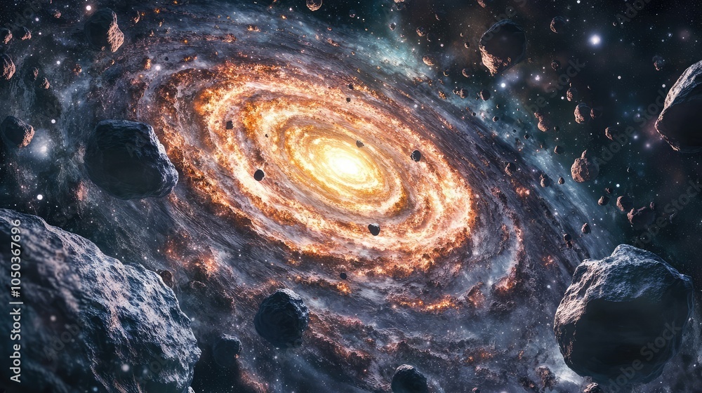 Poster a spiral galaxy with vibrant colors, surrounded by drifting asteroids reflecting the light from dist