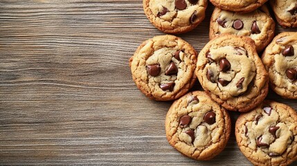 delicious cookies artfully arranged on a rustic wooden surface, showcasing their golden-brown texture and tempting chocolate chips, inviting a sense of warmth and comfort