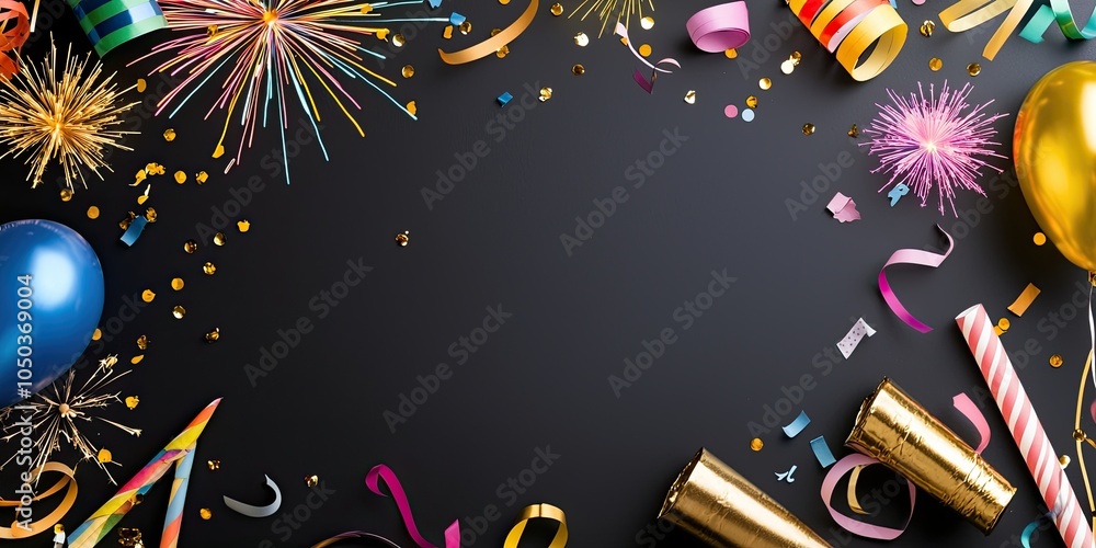 Poster a border of fireworks and streamers framing the image, with space for new year's eve party text in t